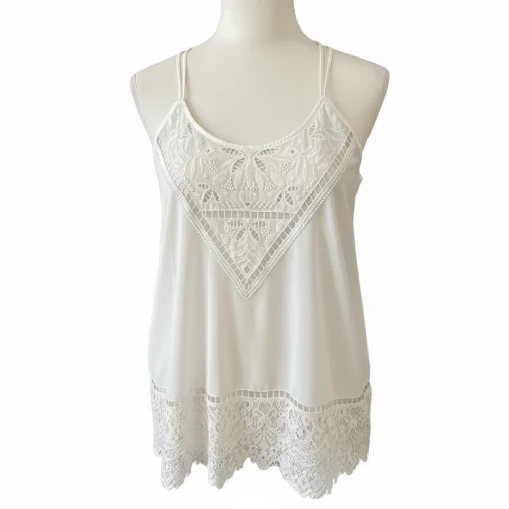Express Womens White Beaded Lace Trim Cami Top Flowy Soft Size S - Picture 1 of 10